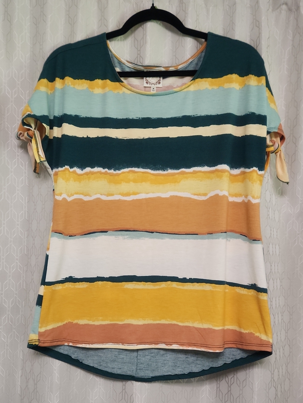 Striped Short Sleeve Knot-Sleeve Top in Green, Mustard & Cream